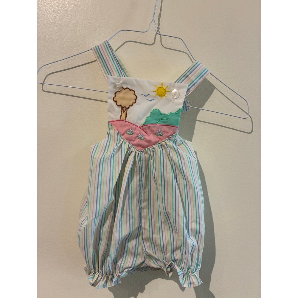 Vintage Color Kids Striped Sunsuit Romper Nature Scene Embroidery Size 12 Months